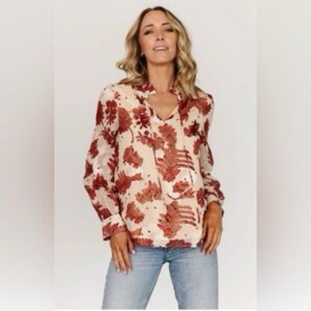 Baltic Born Women Large Reddish Brown Metallic Floral Blouse Ruffle Collar Sheer